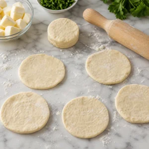 Biscuit dough flattened into small circles for filling