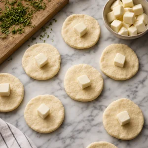 Mozzarella cubes placed in the center of flattened biscuit dough