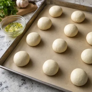 Raw sealed dough balls spaced on a parchment-lined baking sheet