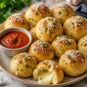 Warm garlic butter mozzarella cheese bombs finished with Parmesan and marinara sauce