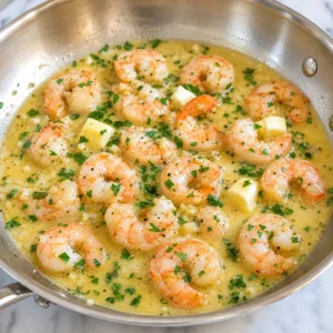 Beurre fondant dans une sauce soyeuse au vin blanc et à l'ail avec crevettes et persil frais.