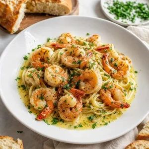 Crevettes scampi au beurre à l'ail servies sur des pâtes avec du persil et du pain croustillant.