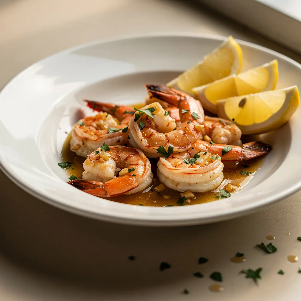 Crevettes à l'ail et beurre brillant garnies de persil frais dans un bol blanc