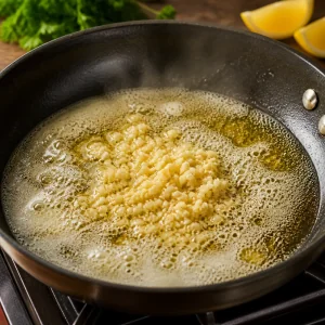 Gehackter Knoblauch blubbert in schaumender Butter in einer Pfanne