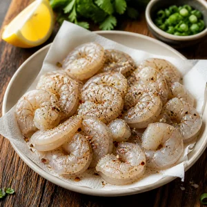 Rohe Garnelen mit Pfeffer und roten Chiliflocken gewurzt
