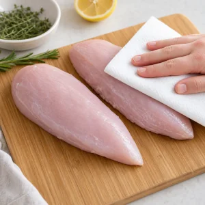 Filetti crudi di petto di tacchino asciugati con carta da cucina su un tagliere.