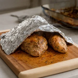 Filetti di tacchino arrosto lasciati riposare sotto un foglio di alluminio prima del taglio.