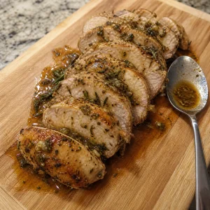 Sliced garlic herb roasted turkey breast tenderloins with pan juices.