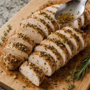 Medaglioni di filetto di tacchino affettati conditi con fondo caldo ed erbe.