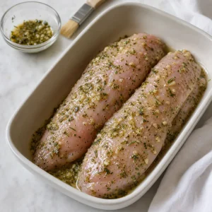 Filetti di petto di tacchino ricoperti uniformemente con miscela di aglio ed erbe in pirofila.