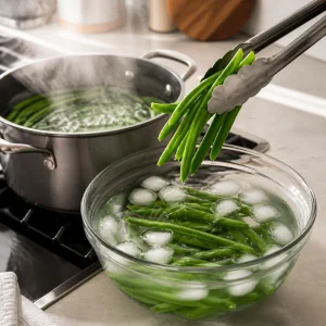 Blanched green beans going into ice water