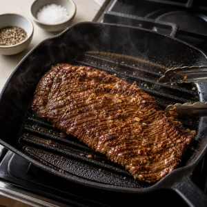 Flank steak searing in a grill pan