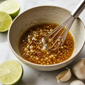 Garlic lime marinade being whisked in a bowl