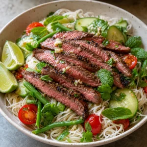 Garlic lime steak and rice noodle salad in a bowl