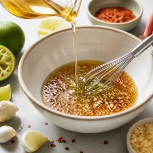 Oil being whisked into garlic lime dressing