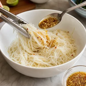 Rice noodles being loosened with dressing