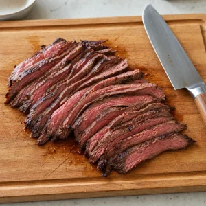 Thin slices of rested flank steak on a board