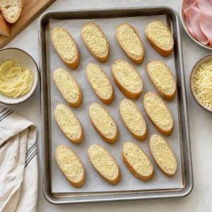 Baguette slices spread with garlic butter on a baking sheet