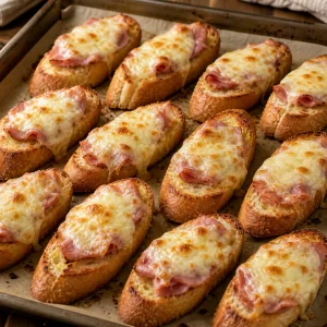 Baked ham garlic toasts with melted cheese and golden edges