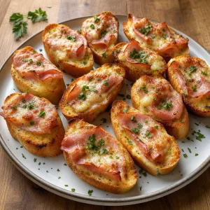 Finished garlic toasts with ham, melted cheese, and parsley