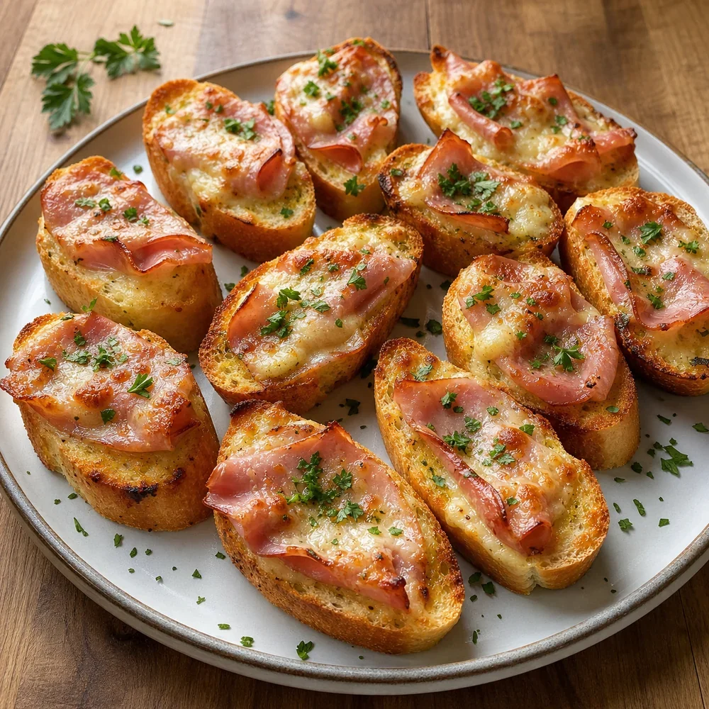 Finished garlic toasts with ham, melted cheese, and parsley