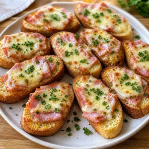 Finished ham garlic toasts scattered with chopped parsley