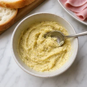 Garlic butter mixture with mustard and black pepper in a bowl