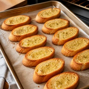 Lightly toasted garlic-butter baguette slices on a tray