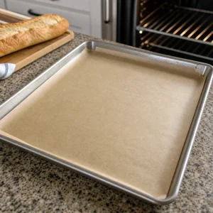 Parchment-lined baking sheet ready for the toasts