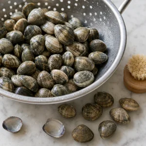 Cleaned clams in a colander with a scrub brush nearby