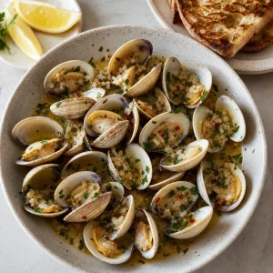 Steamed clams in wine butter broth with herbs, lemon, and grilled bread