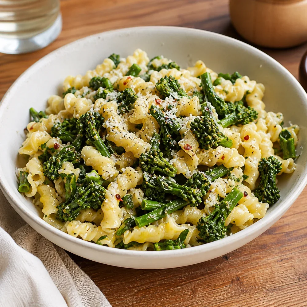 Finished garlicky broccoli rabe pasta in a bowl