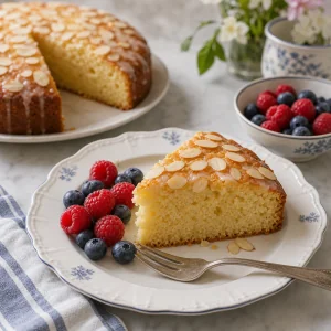 Una fetta di torta pasquale mandorla e limone servita con frutti di bosco freschi.