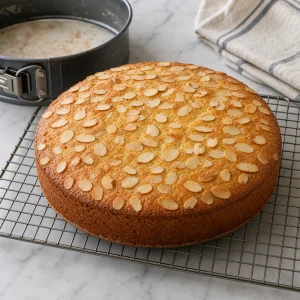 Torta mandorla e limone cotta che si raffredda su una gratella dopo aver aperto lo stampo.
