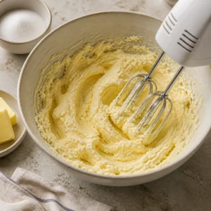 Burro e zucchero montati fino a diventare chiari e soffici per l'impasto.