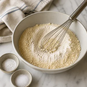 Ingredienti secchi della torta alle mandorle mescolati in una ciotola.