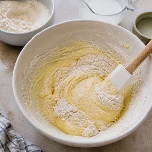 Ingredienti secchi incorporati all'impasto umido con il latte fino ad amalgamare appena.