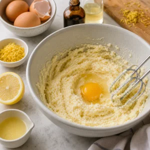 Uova e aromi di limone incorporati nell'impasto mandorla e limone.