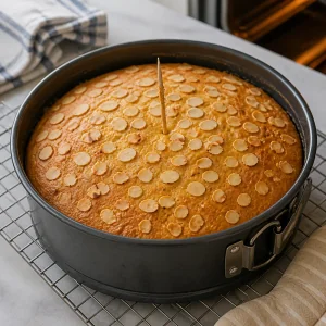 Torta mandorla e limone dorata con prova dello stecchino al centro.