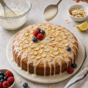 Glassa liscia al limone versata sulla torta alle mandorle raffreddata con mandorle e frutti di bosco.