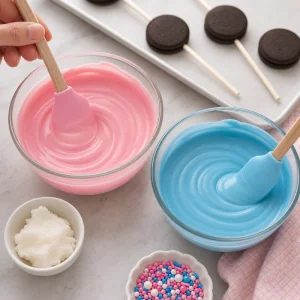 Pink and blue candy melts stirred smooth in two bowls