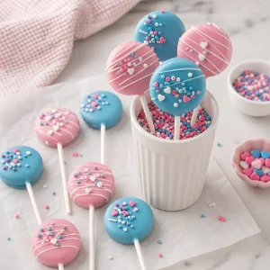 Set pink and blue cookie pops served upright with sprinkles and drizzle