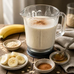 Smoothie mixé avec miel et cannelle à côté