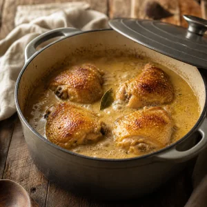 Cosce di pollo rosolate che sobbollono nella salsa di noci