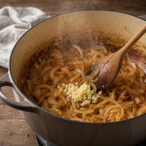 Cipolle caramellate e aglio tritato in casseruola