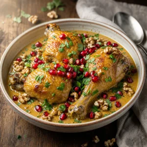 Pollo in salsa di noci con melagrana, coriandolo e noci