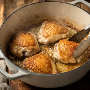 Cosce di pollo che rosolano in una casseruola