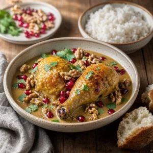 Stufato georgiano di pollo servito con riso e pane croccante