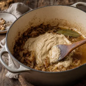 Crema di noci mescolata con cipolle e alloro