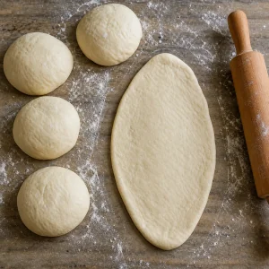 Four dough portions with one rolled into an oval